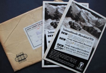 DKW Auto-Union  "Internationale Alpenfahrt" 1936 Brochuresheeds in original envelope (6905)